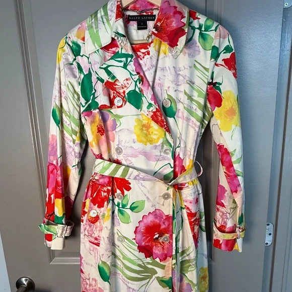 Ralph Lauren Black Label Watercolor Spring Floral Trench Coat Duster Belt Size 2 - Picture 3 of 11